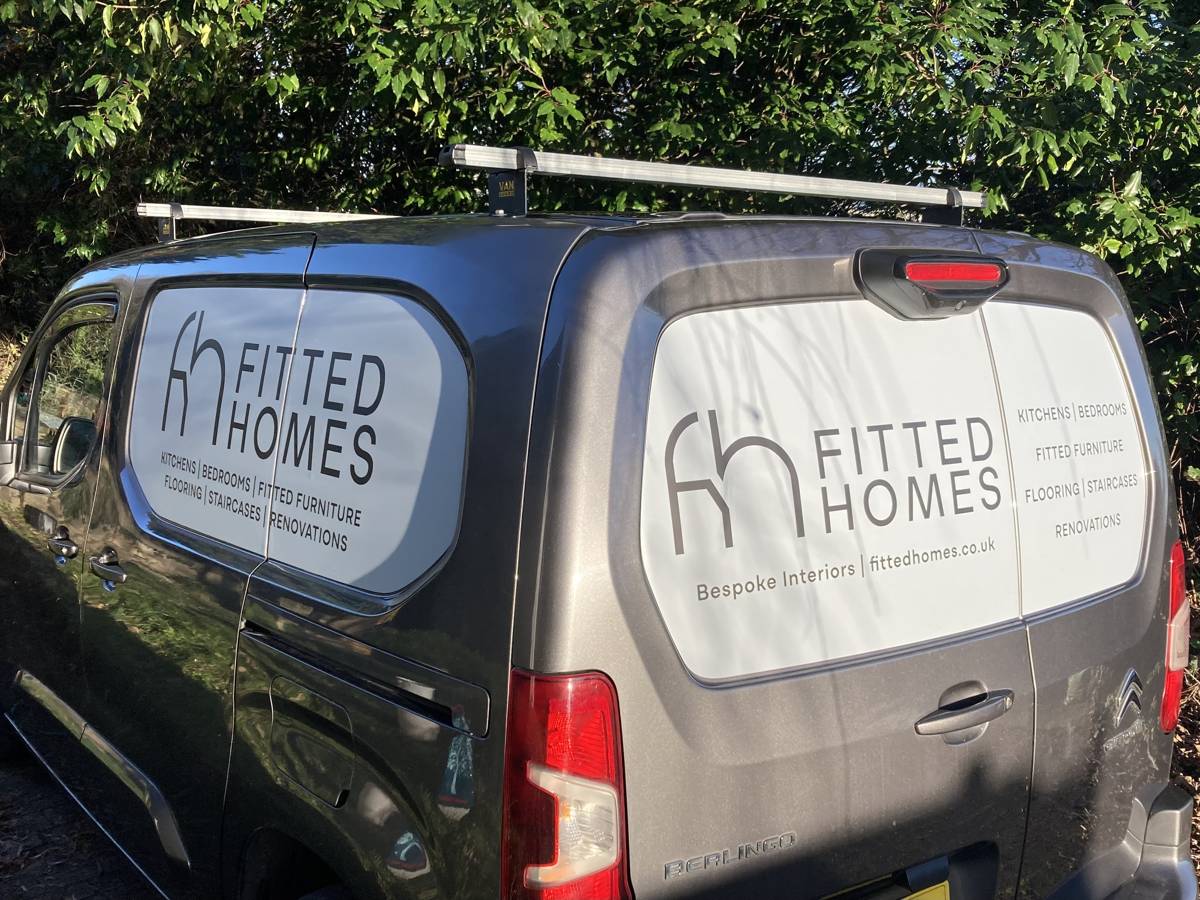 Fitted Homes sign-written van — kitchens, bedrooms, fitted furniture, flooring, staircases and renovations across Cardiff and Bristol