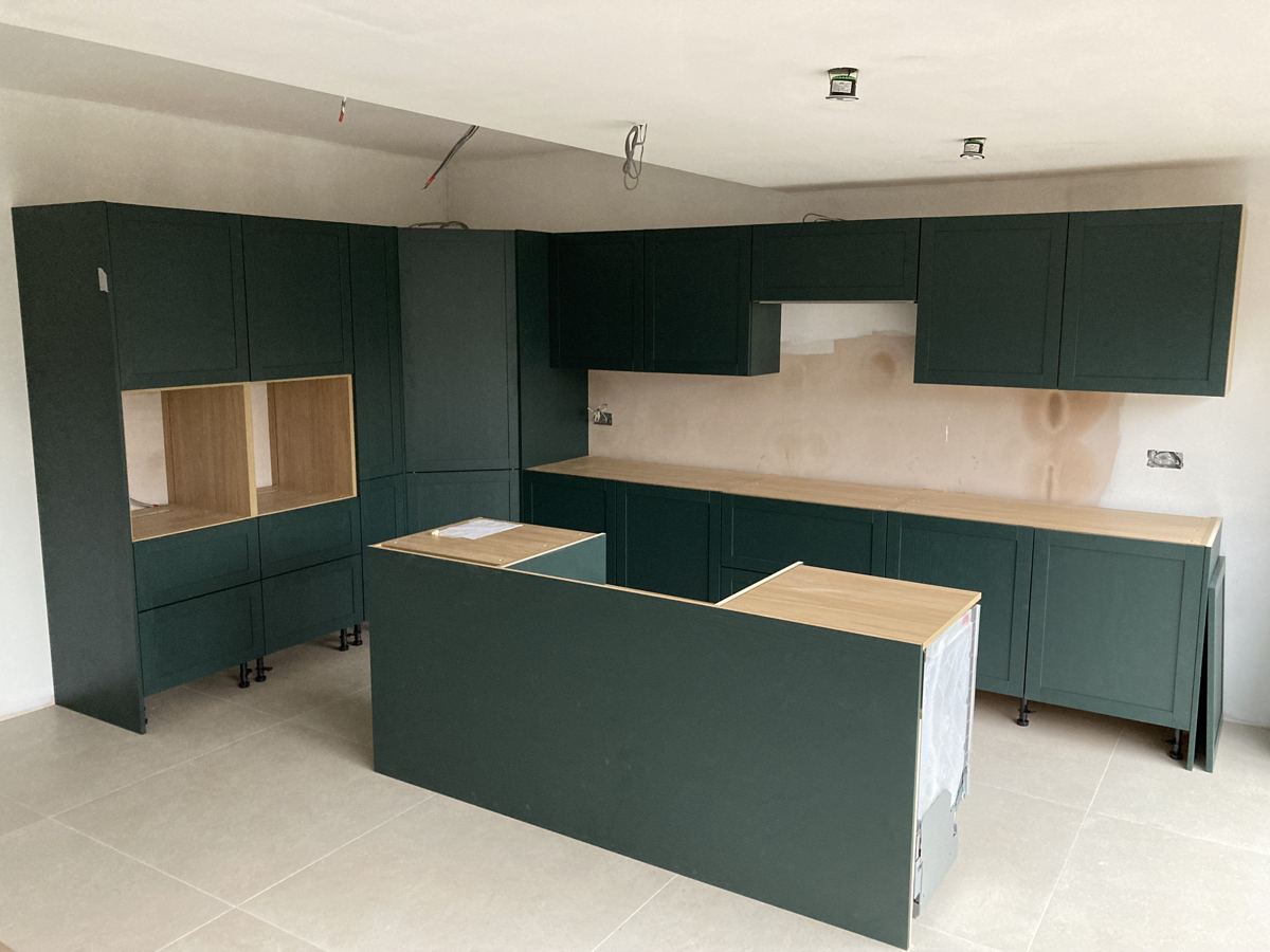 Kitchen carcasses and island taking shape mid-installation